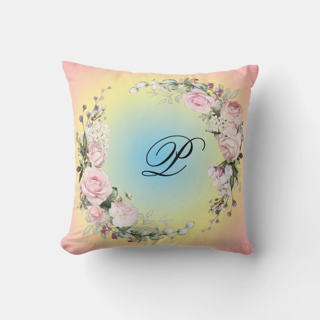 Initial Floral Design Throw Pillow (Front)
