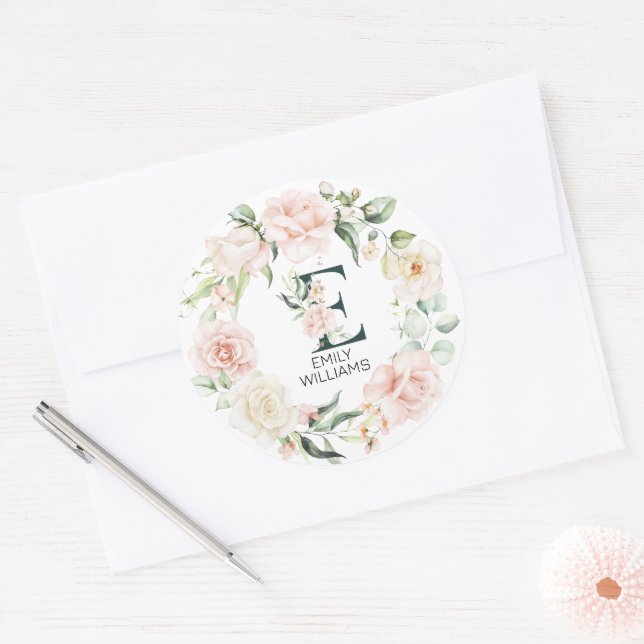 Initial floral letter E floral frame Classic Round Sticker (Envelope)