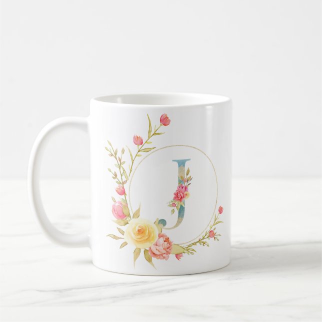 Initial floral letter J floral frame Coffee Mug (Left)