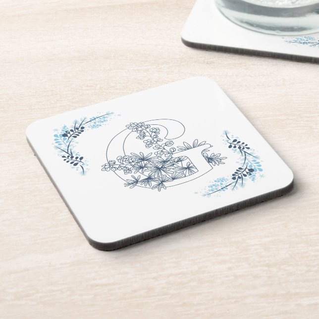 Initial "G" Blue Monogram Calm Floral Coaster (Left Side)
