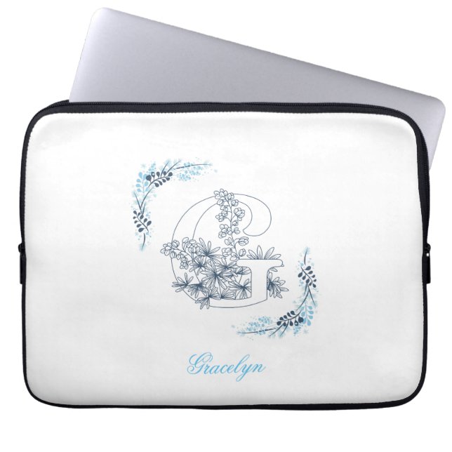 Initial "G" Blue Monogram Calm Floral Laptop Sleeve (Front)