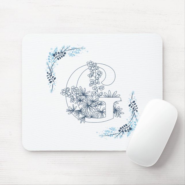 Initial "G" Blue Monogram Calm Floral Mouse Mat (With Mouse)