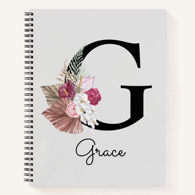 Initial G Monogram Pink Boho Girly Floral Notebook (Front)