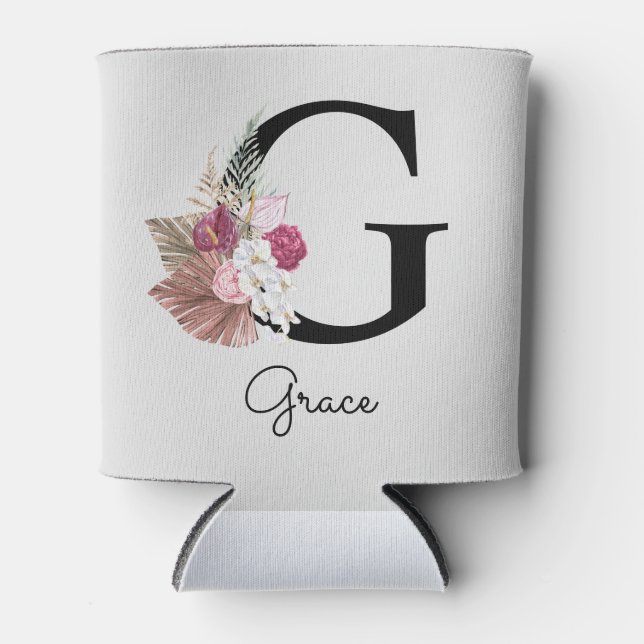 Initial G Monogrammed Pink Boho Floral Can Cooler (Front)