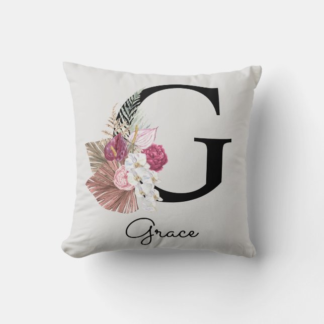 Initial G Monogrammed Pink Boho Floral Cushion (Front)