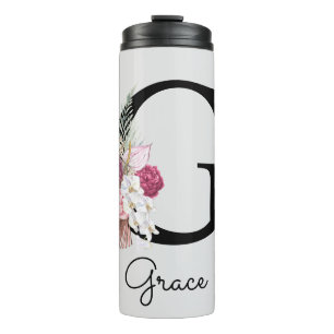 Initial G Monogrammed Pink Boho Floral Thermal Tumbler