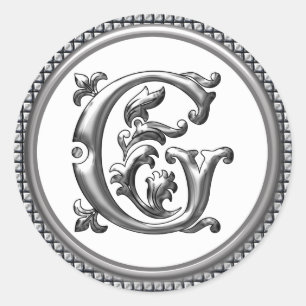 Initial G Round Sticker in Silver