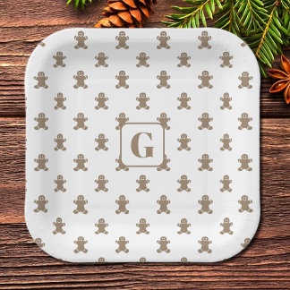 Initial, Gingerbread Man Cookie Pattern Square Paper Plate