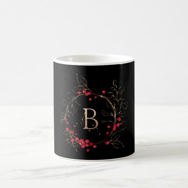 Initial Glitter Letter B Holly Eucalyptus Holiday Coffee Mug (Center)