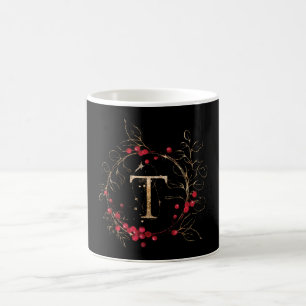 Initial Glitter Letter T Holly Eucalyptus Holiday Coffee Mug