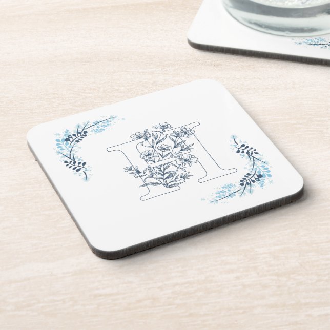 Initial "H" Blue Monogram Calm Floral Coaster (Left Side)