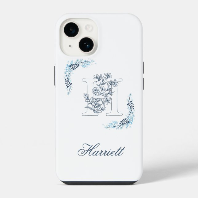 Initial "H" Blue Monogram Calm Floral iPhone Case (Back)