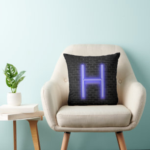 Initial H In Neon Marquee On Brick  Cushion