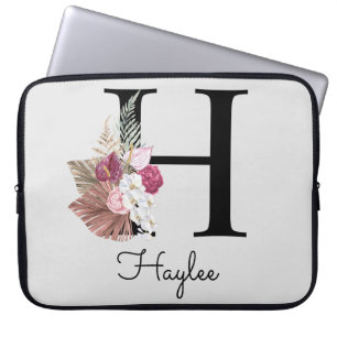 Initial H Monogrammed Pink Boho Floral Laptop Sleeve