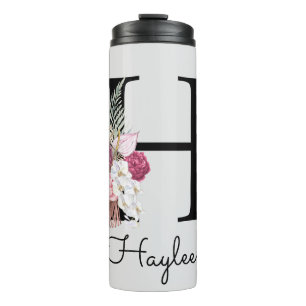 Initial H Monogrammed Pink Boho Floral Thermal Tumbler