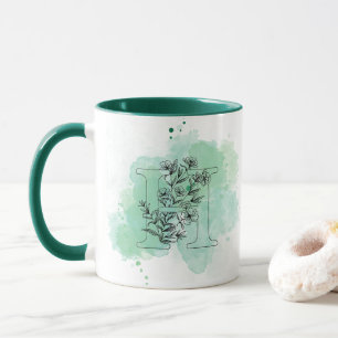 Initial H Watercolor Monogram Green Botanical Mug