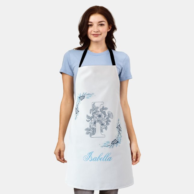 Initial "I" Blue Monogram Calm Floral Apron (Worn)