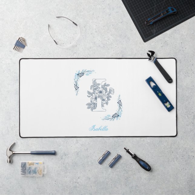 Initial "I" Blue Monogram Calm Floral Desk Mat (Workstation)