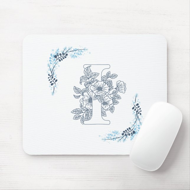 Initial "I" Blue Monogram Calm Floral Mouse Mat (With Mouse)