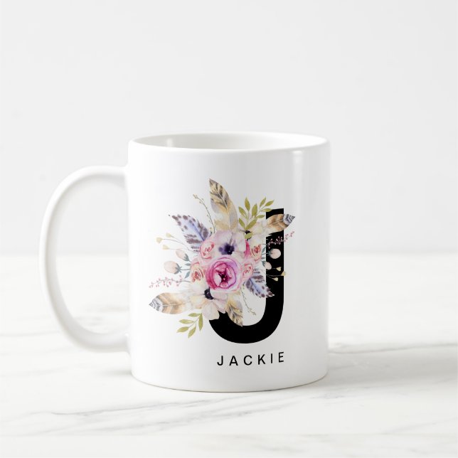 Initial 'J' Alphabet Mug Monogram Boho Watercolour (Left)