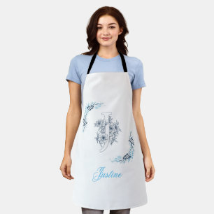 Initial "J" Blue Monogram Calm Floral Apron