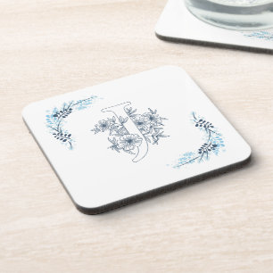 Initial "J" Blue Monogram Calm Floral Coaster
