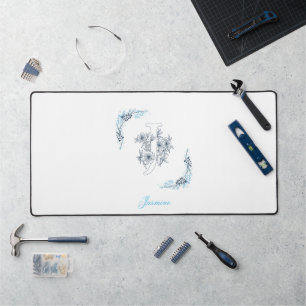 Initial "J" Blue Monogram Calm Floral Desk Mat