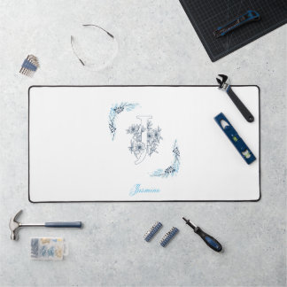 Initial "J" Blue Monogram Calm Floral Desk Mat