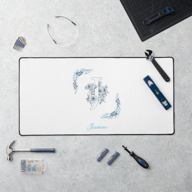 Initial "J" Blue Monogram Calm Floral Desk Mat (Workstation)