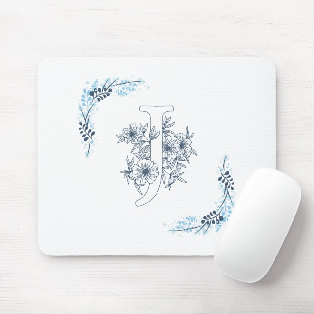 Initial "J" Blue Monogram Calm Floral Mouse Mat (With Mouse)
