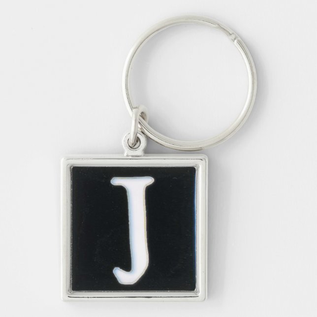 initial J keychain, cloisonne white and black Key Ring (Front)