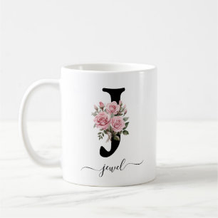 Initial J Monogram Floral Flower Pink Roses Mug