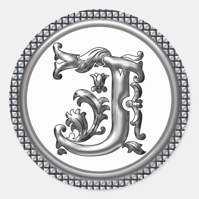 Initial J Round Sticker in Silver (Front)