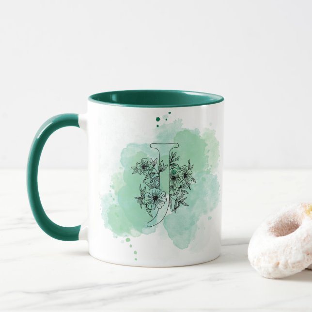 Initial J Watercolor Monogram Green Botanical  Mug (With Donut)