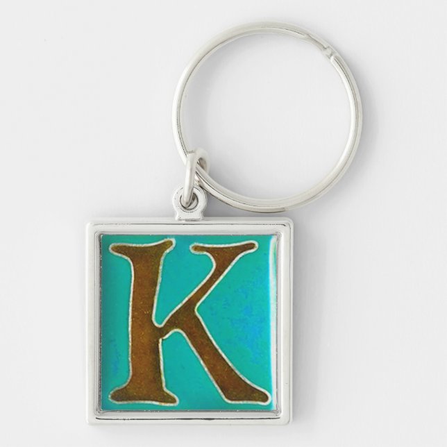 initial K keychain, cloisonne turquoise and brown Key Ring (Front)
