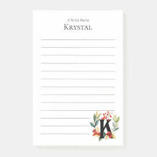 Initial K Monogram Wreath Lined  Post-it Notes