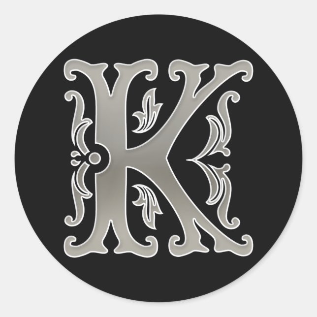 Initial K Round Sticker in silver (Front)