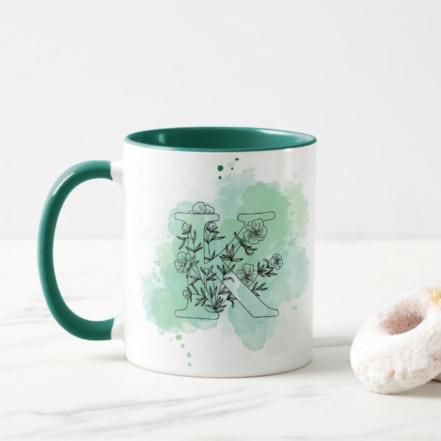 Initial K Watercolor Monogram Green Botanical  Mug (With Donut)