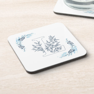 Initial "L" Blue Monogram Calm Floral Coaster