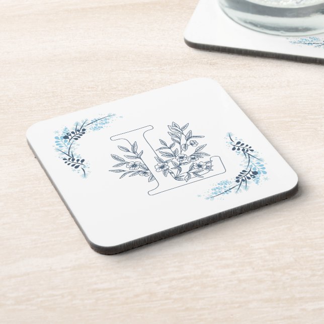 Initial "L" Blue Monogram Calm Floral Coaster (Left Side)