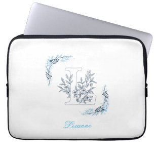 Initial "L" Blue Monogram Calm Floral Laptop Sleeve