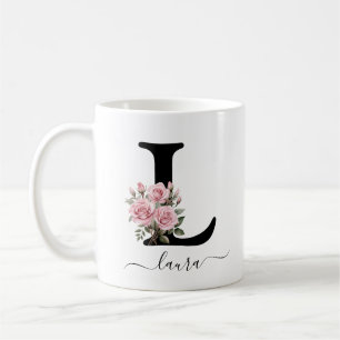 Initial L Monogram Floral Flower Pink Roses Mug