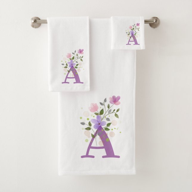 Initial Letter A Plus Floral Design Bath Towel Set (Insitu)
