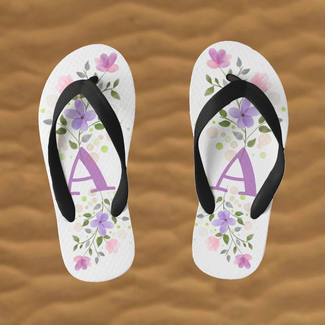 Initial Letter A Plus Floral Design Kid's Flip Flops (Creator Uploaded)