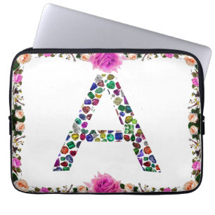 Initial Letter A with Gemstone Floral Monogram Laptop Sleeve