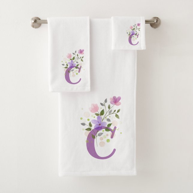 Initial Letter C Plus Floral Design Bath Towel Set (Insitu)