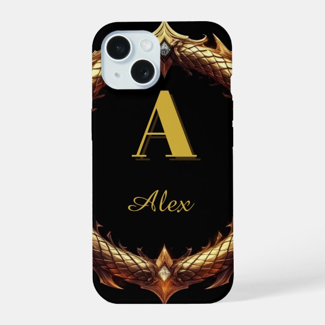✨ Initial Letter Dragon Ornate Circle Frame ✨ iPhone 15 Case (Back)