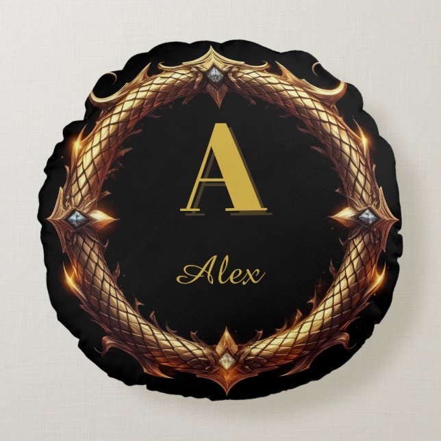 ✨ Initial Letter Dragon Ornate Circle Frame ✨ Round Cushion (Front)