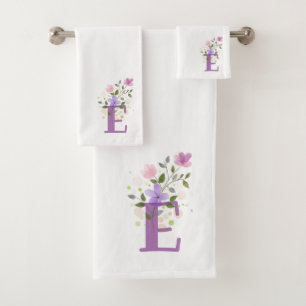 Initial Letter E Plus Floral Design Bath Towel Set