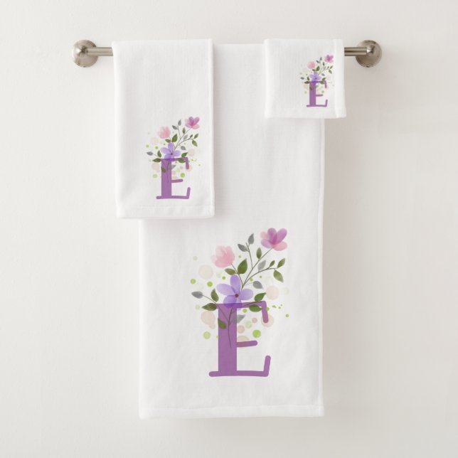 Initial Letter E Plus Floral Design Bath Towel Set (Insitu)
